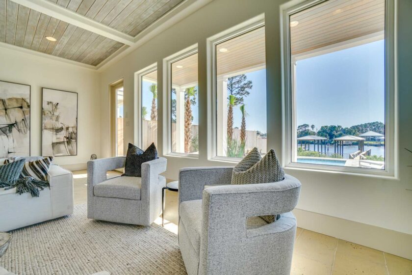 sitting area overlooks water