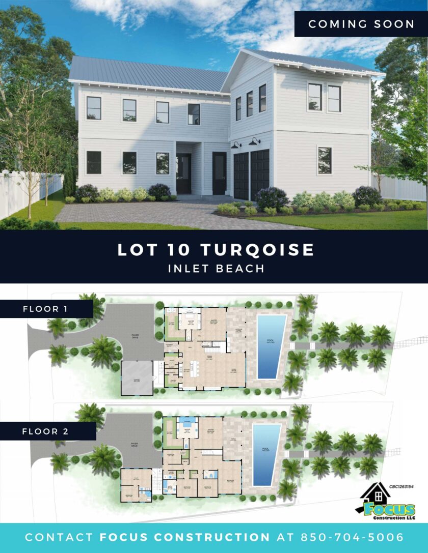 Exterior view of house and artist rendering of floorplans