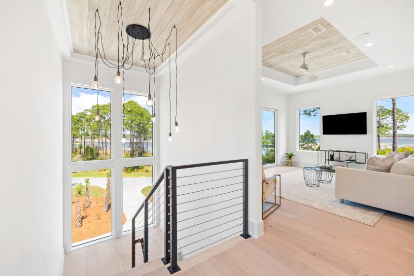 Staircase and living area