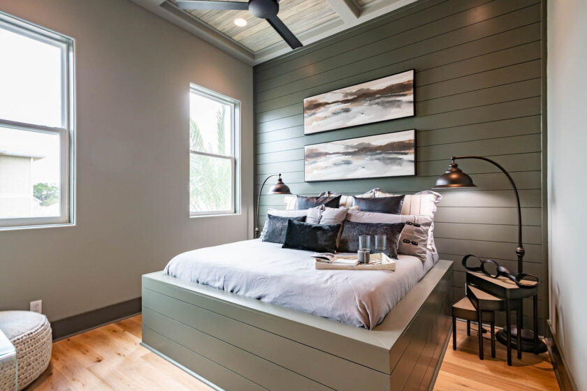 Bedroom with horizontal wood slat accent wall