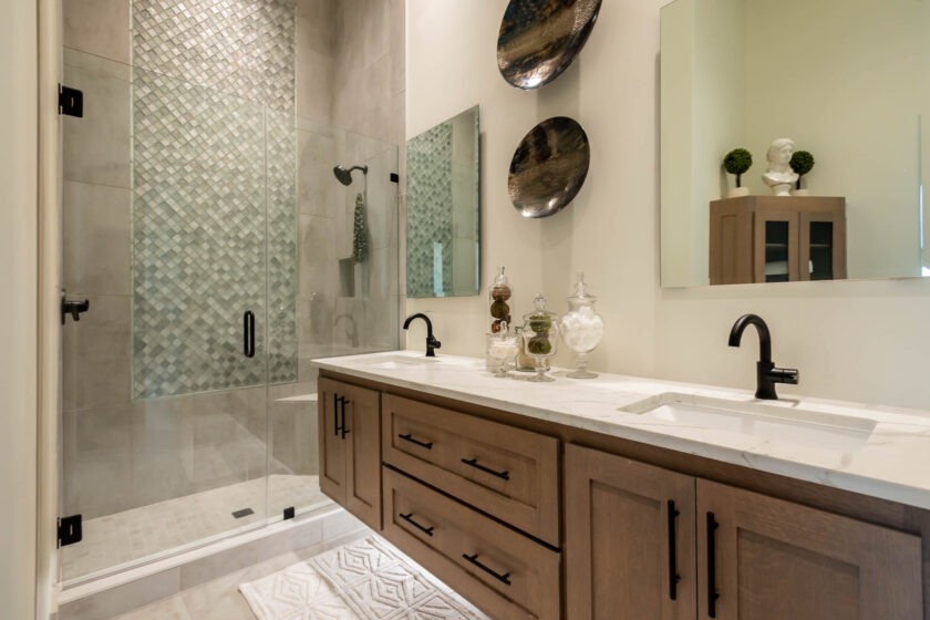 Large two sink vanity and walk in shower