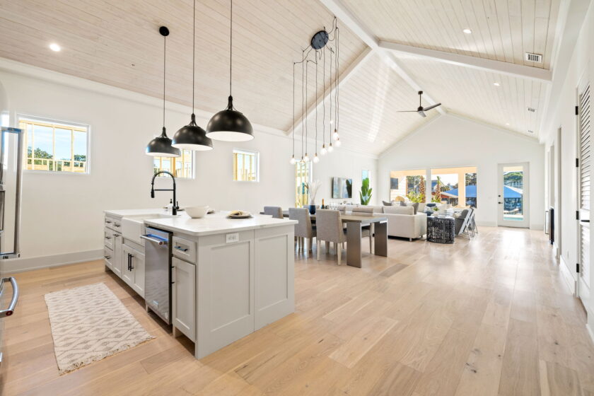 Kitchen island, dining area and living area.